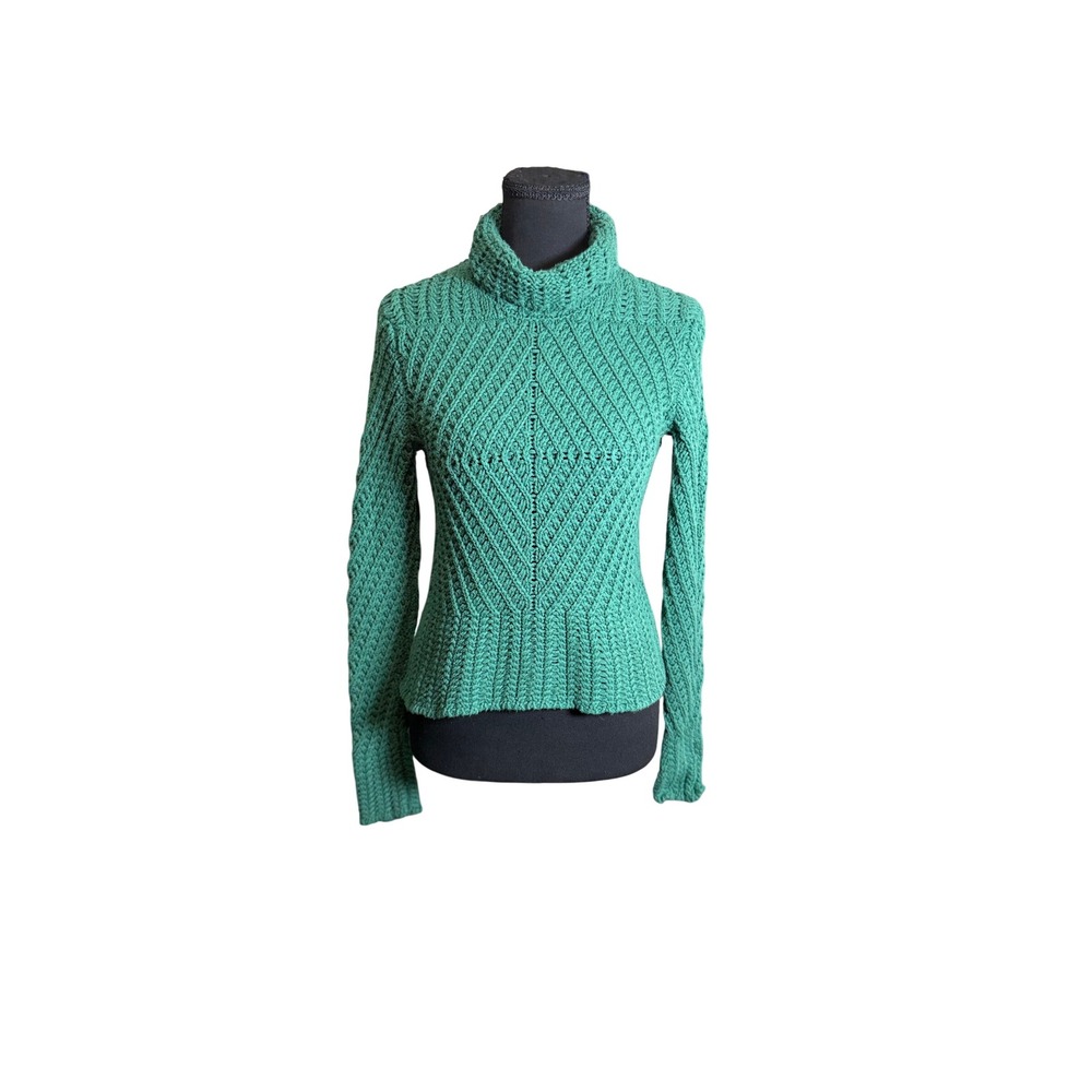 1.STATE Turtleneck Sweater Womens S Green Excellent Diamond Pointelle Knit